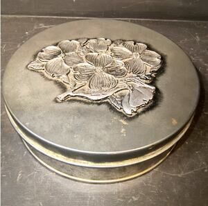 2011.  Vintage Metzke Pewter Lidded Round Tin Dogwood Blossoms 6 Inch